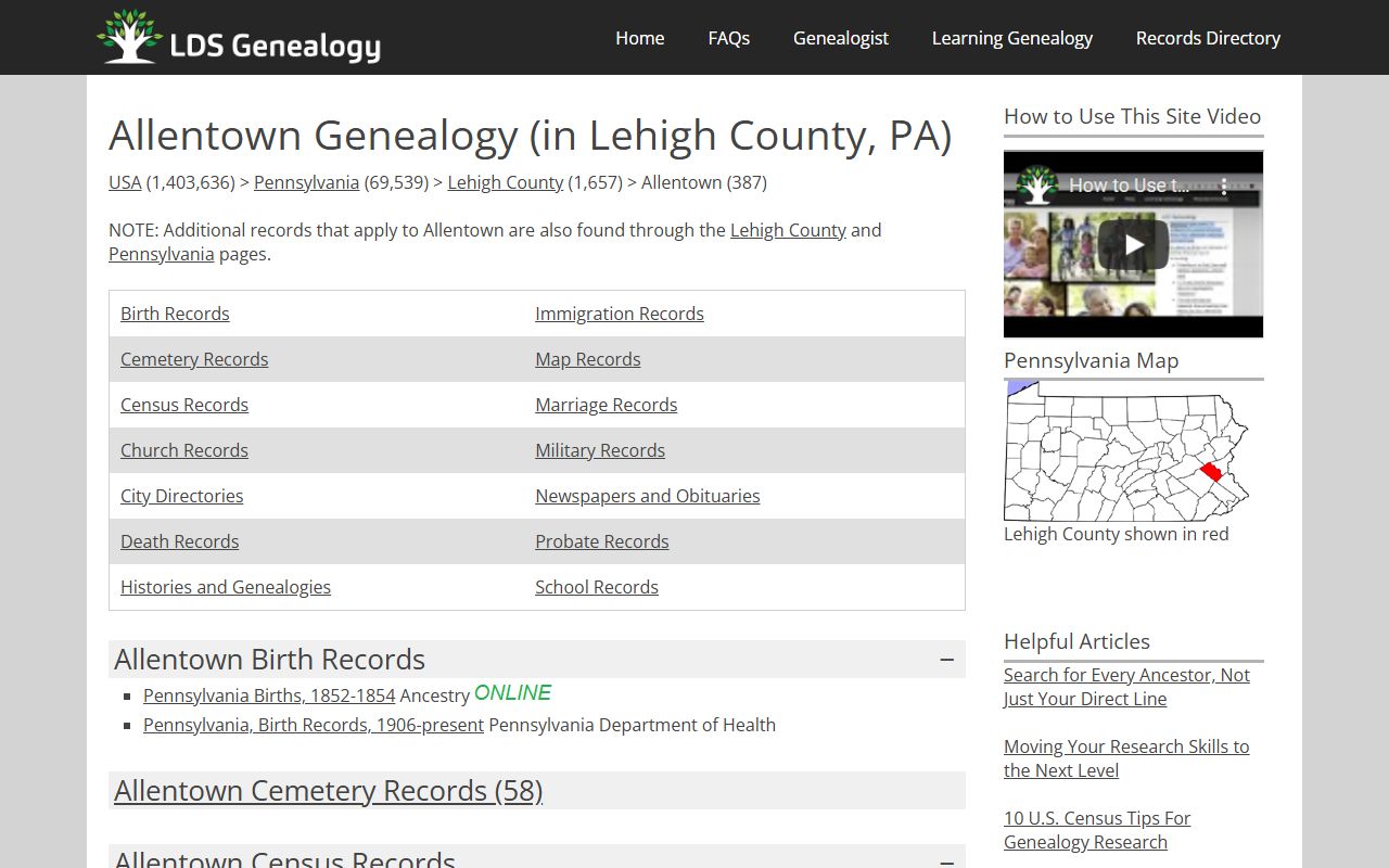 Allentown Lehigh County enhanced view showing birth records collections and genealogy resources