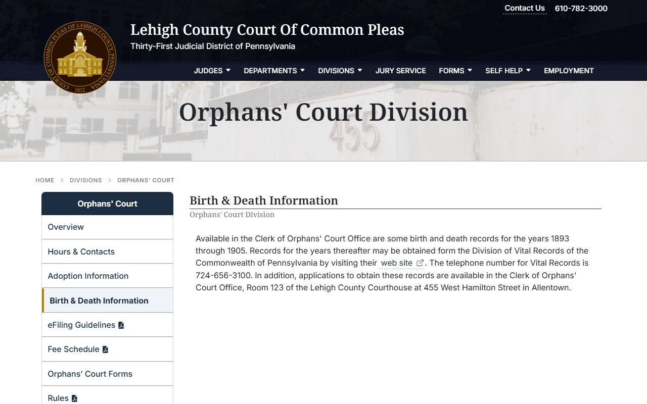 Lehigh County courts official website showing Allentown birth records access and county resources
