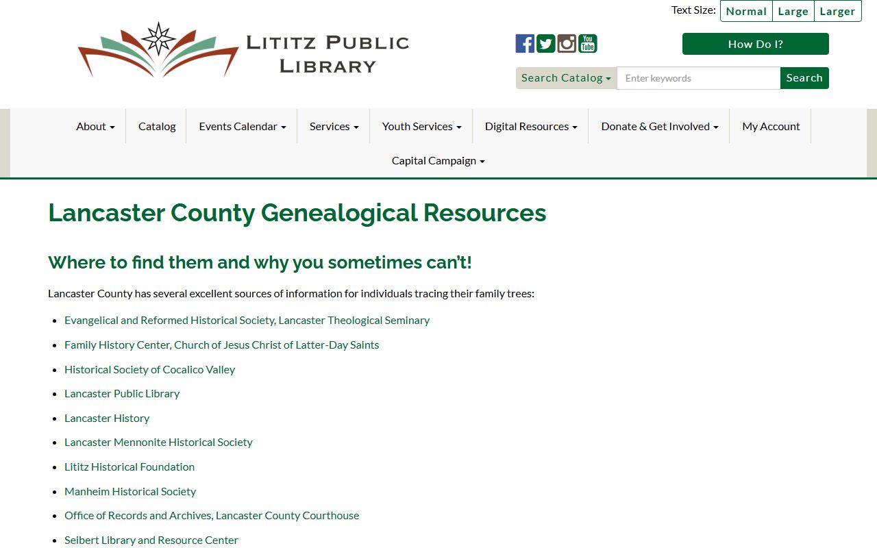 Lititz Library PA-Roots resources page for Lancaster County birth records research