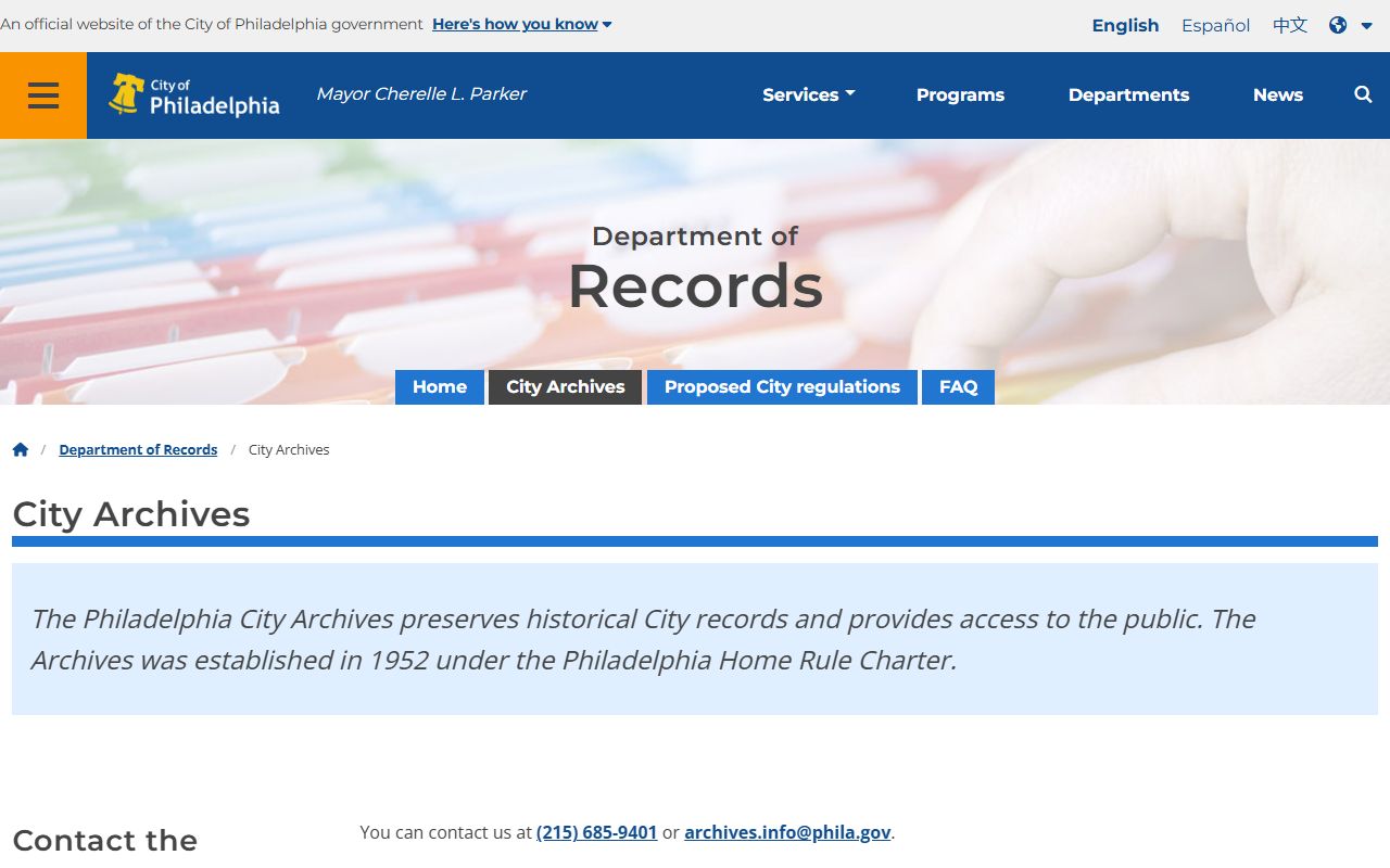 Philadelphia Department of Records website showing options for obtaining Philadelphia birth records