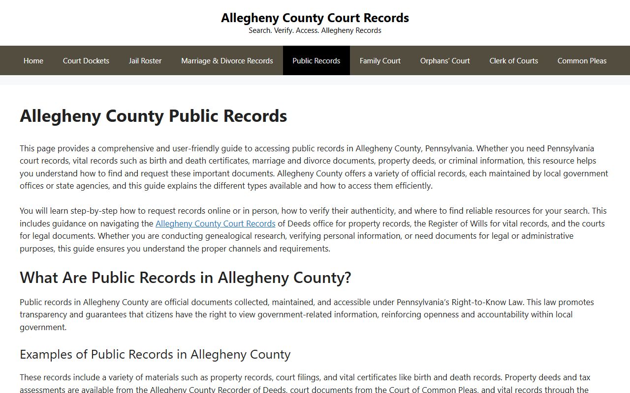 Allegheny County courts official website showing Pittsburgh birth records access information