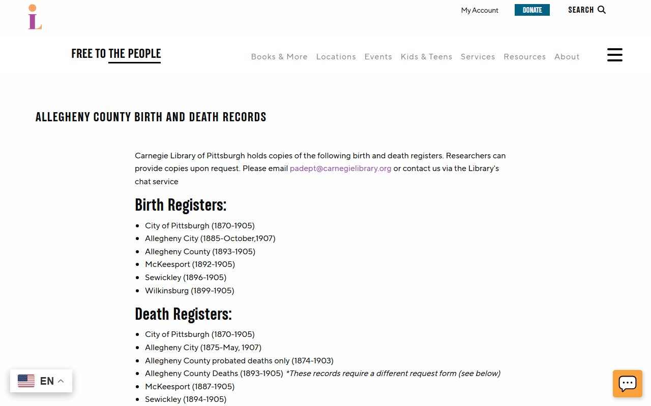 Carnegie Library of Pittsburgh birth records search and certified copy request services