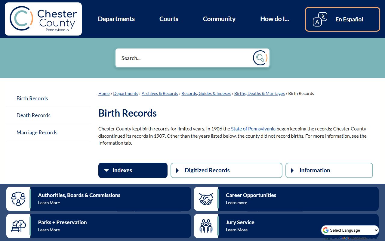 Chester County birth records guide for the 1893-1907 registration period