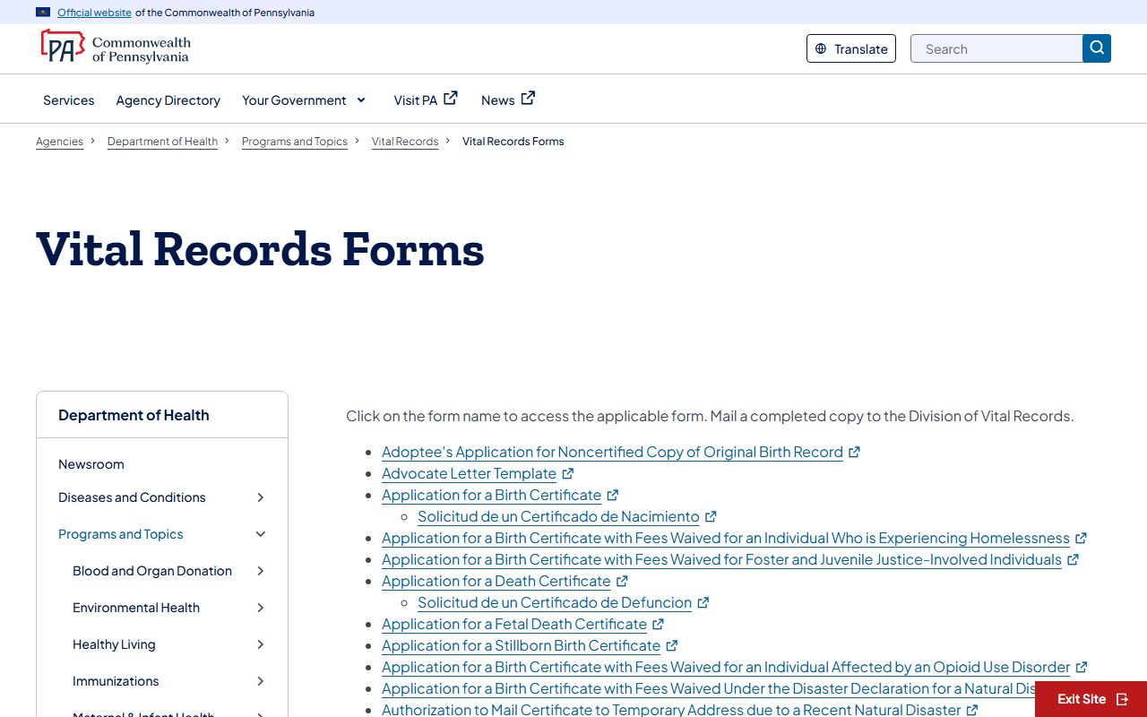 Pennsylvania Department of Health vital records public offices locations