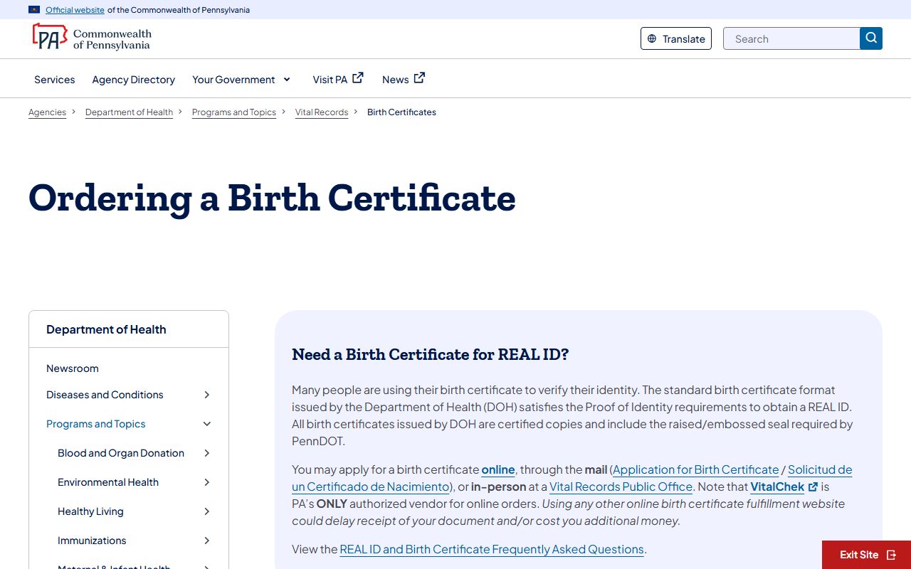 Pennsylvania Department of Health birth records page