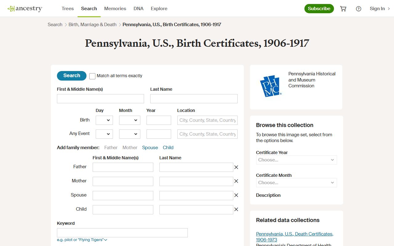 Ancestry.com Pennsylvania birth certificates 1906-1917 historical collection