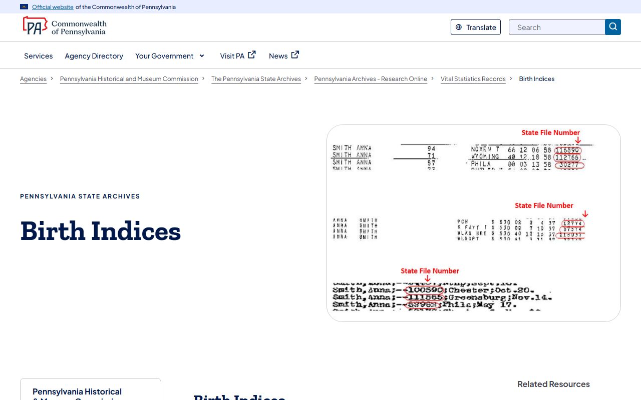 Pennsylvania State Archives online birth indices organized by year and surname