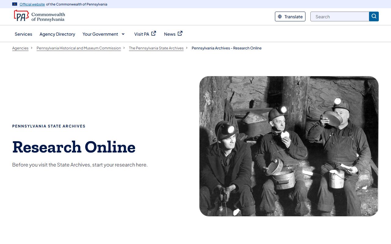 Pennsylvania PHMC State Archives online research portal for historical records