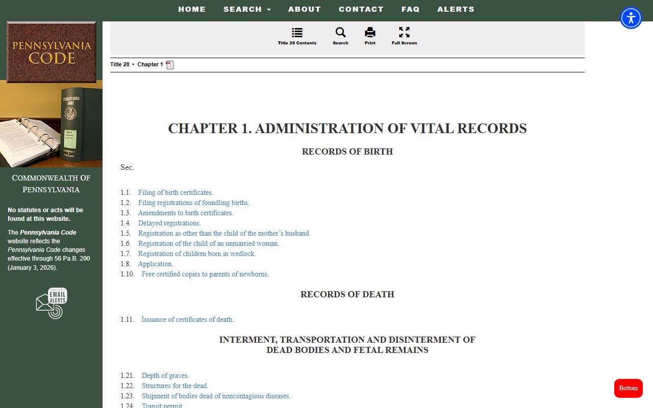 28 Pa. Code Chapter 1 vital records administrative regulations table of contents