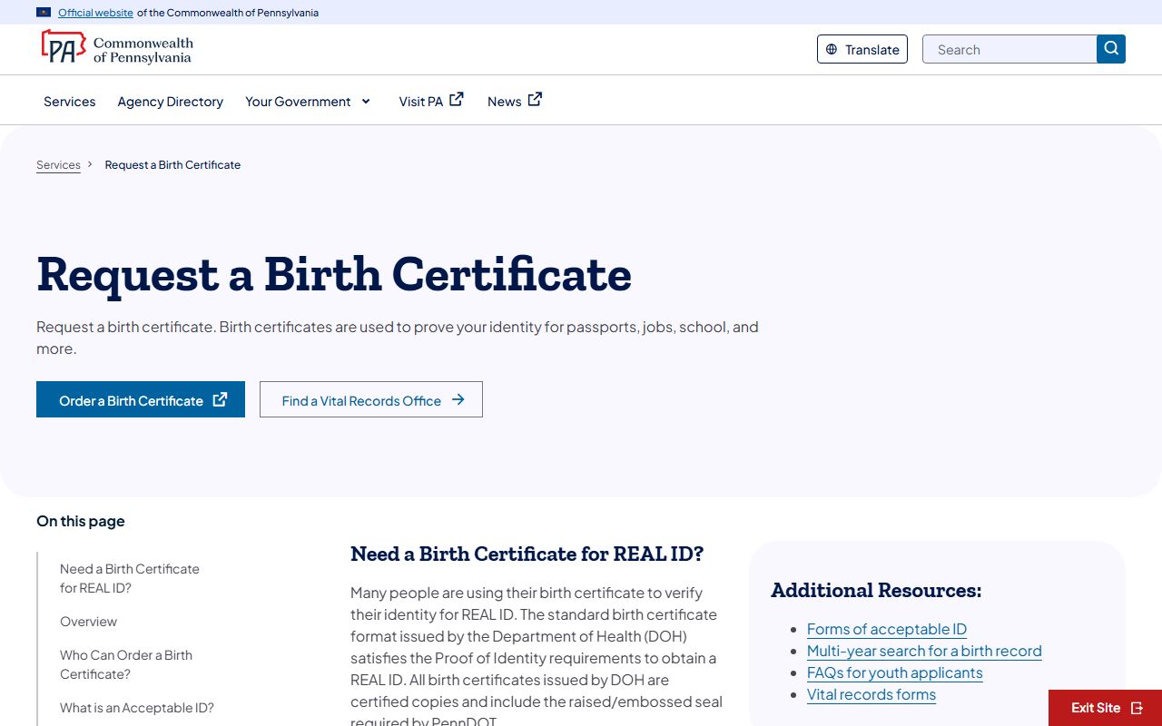 Pennsylvania request a birth certificate service page