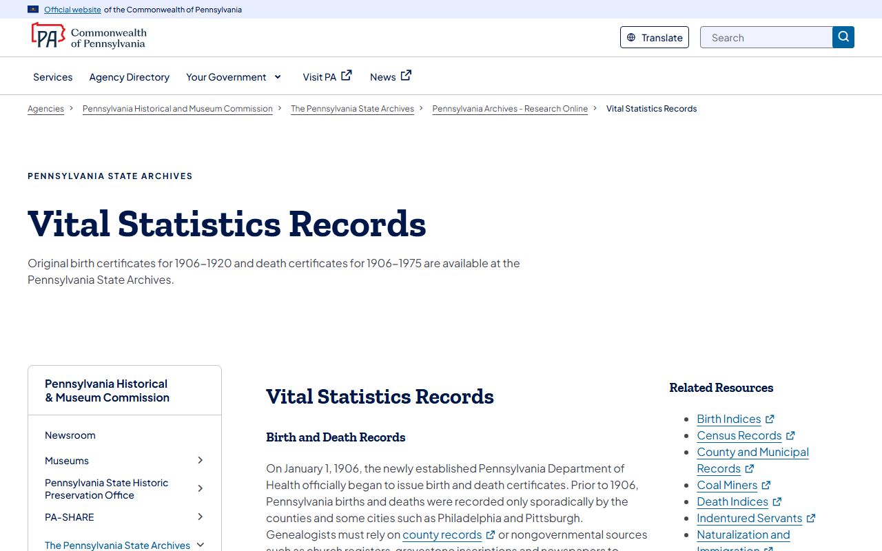 Pennsylvania State Archives vital statistics research and birth records page