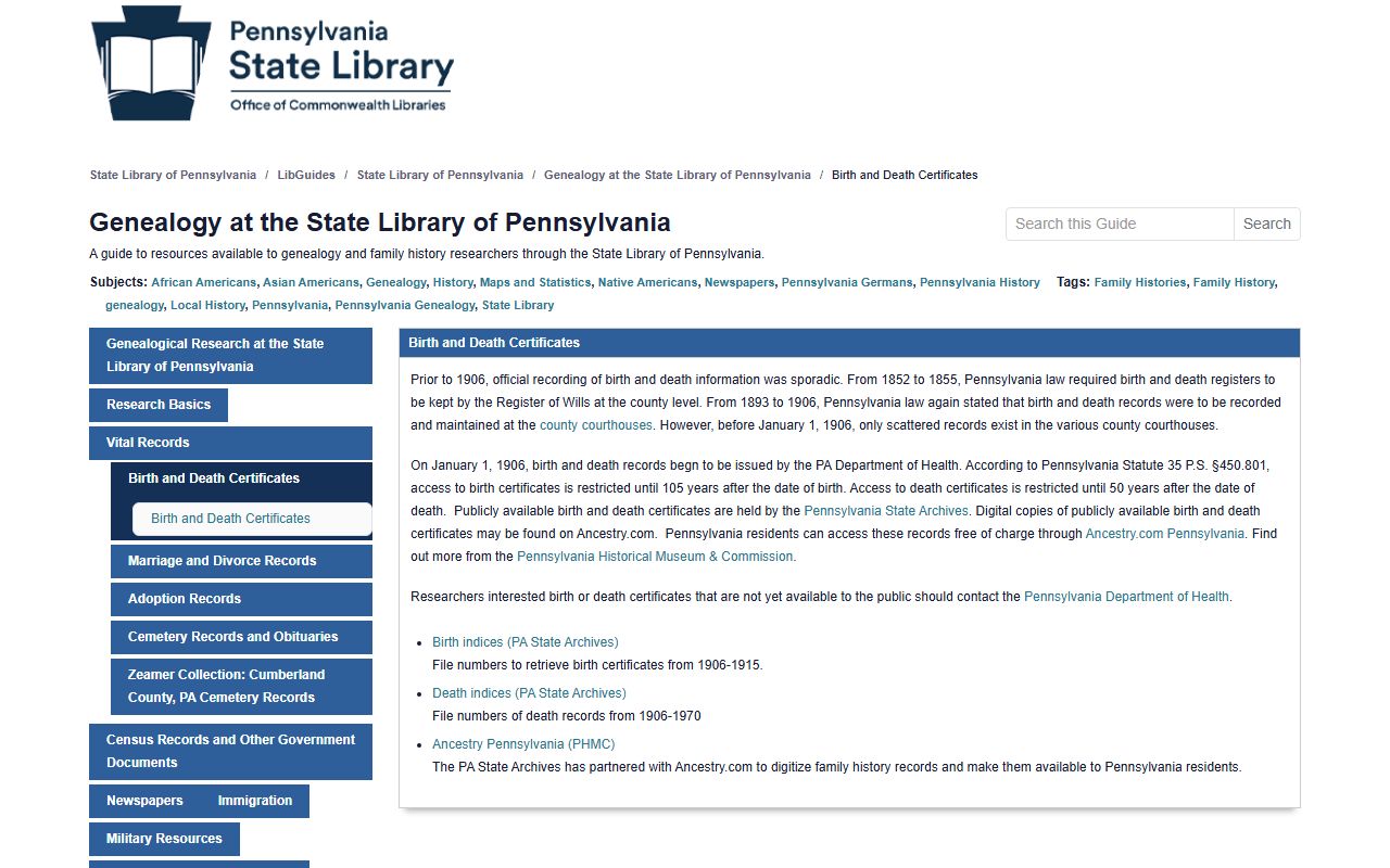 Pennsylvania State Library genealogy research guide for vital records