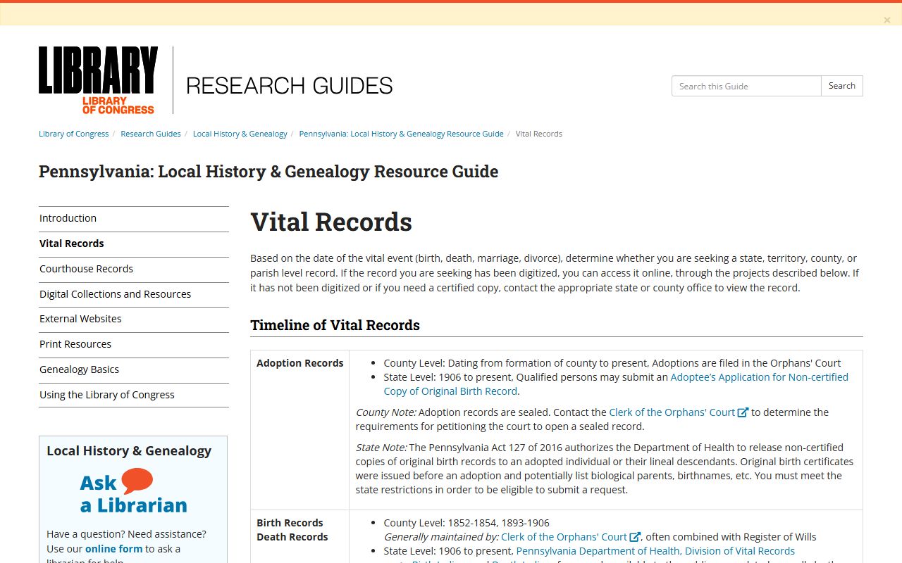 Library of Congress Pennsylvania vital records and genealogy guide