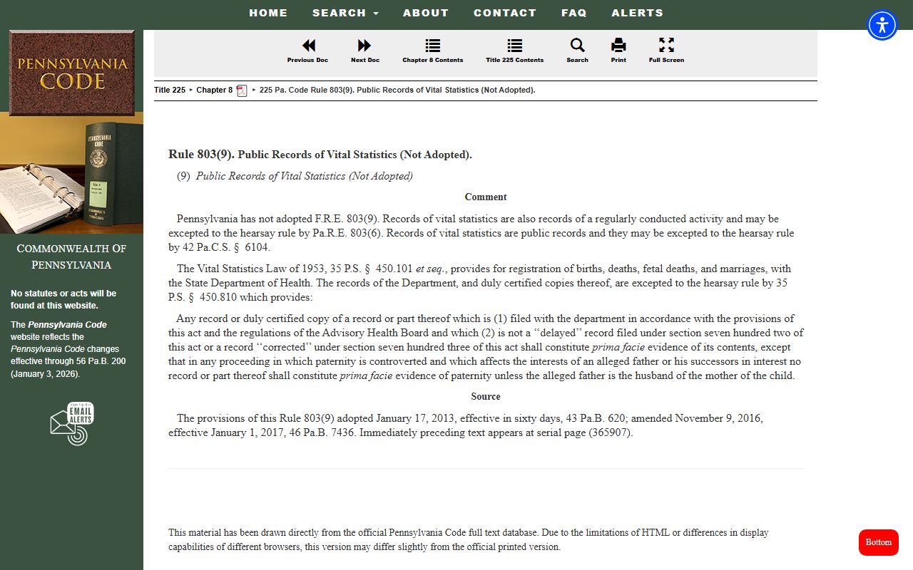 Pennsylvania Vital Statistics Law in the Pennsylvania Code and Bulletin system