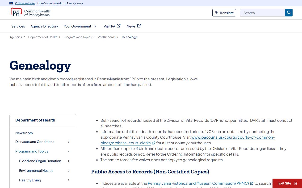 Pennsylvania Department of Health genealogy and vital records research page